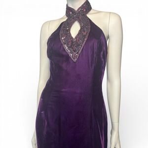 Vintage 80S Purple Velvet  Beaded Evening Prom Halter  Party Maxi Dress S